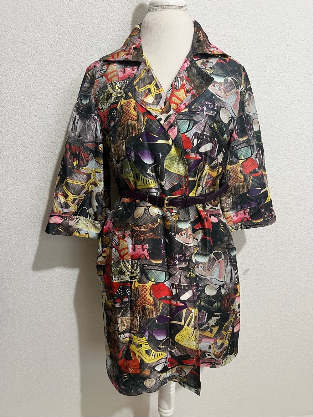 Samuel Dong Silk Multi Color Vogue Print Coat Dress Pockets 3/4 Sleeve Medium